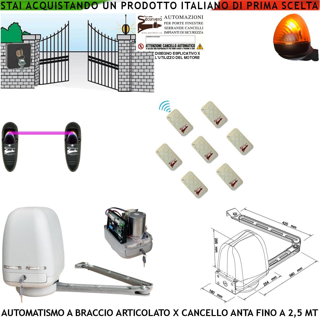 KIT MOTORE A BRACCIO ARTICOLATO 220/24 V PER CANCELLO AUTOMATICO 1 ANTA DA 0,5 A 2,5 MT CENTRALE 7 RADIOCOMANDI FARO S-0