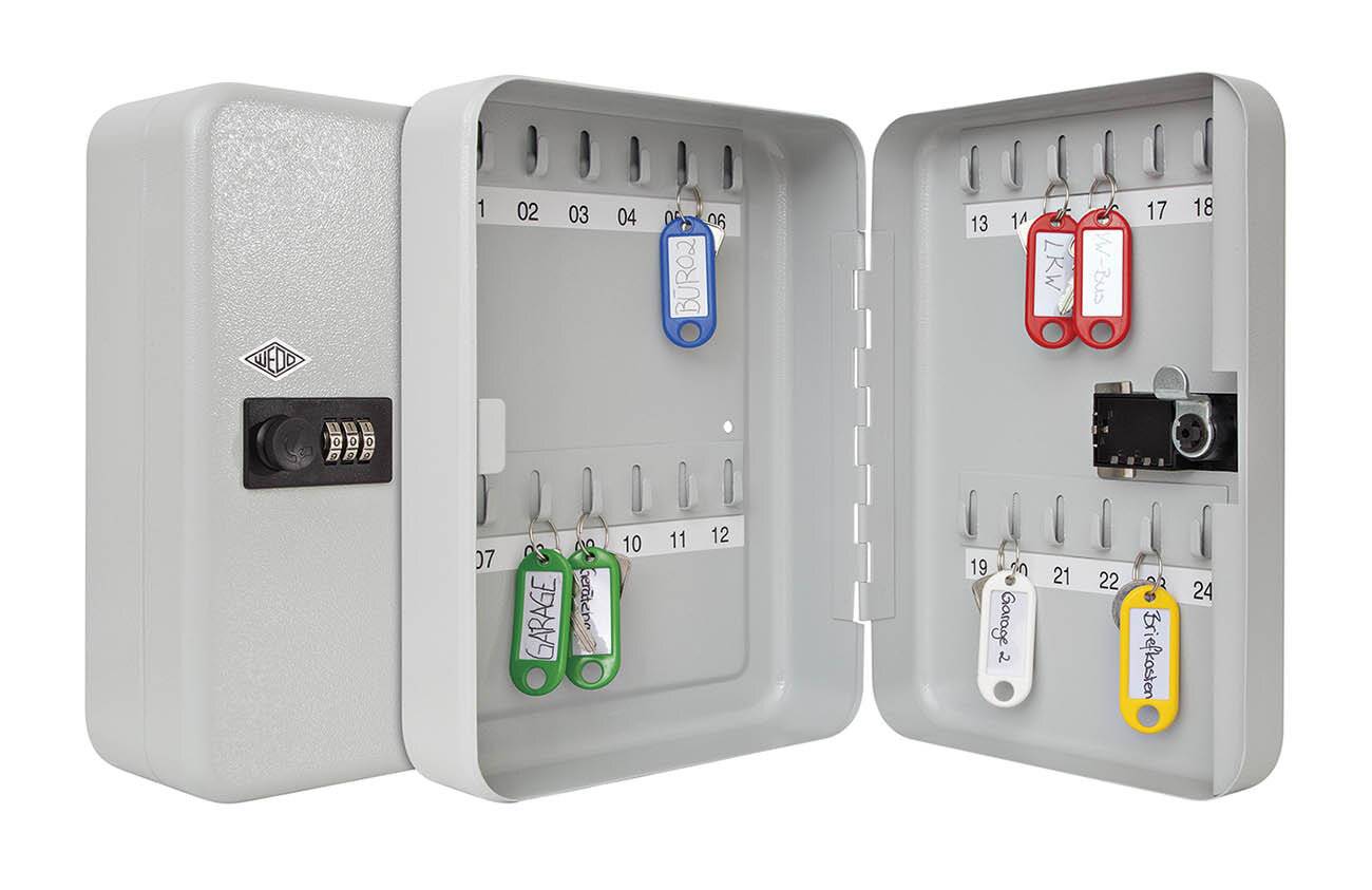 WEDO Schlüsselschrank mit mechanischem Zahlenschloss, für 24 Schlüssel, flach, lichtgrau, 3-stelliges Zahlenschloss, aus-2