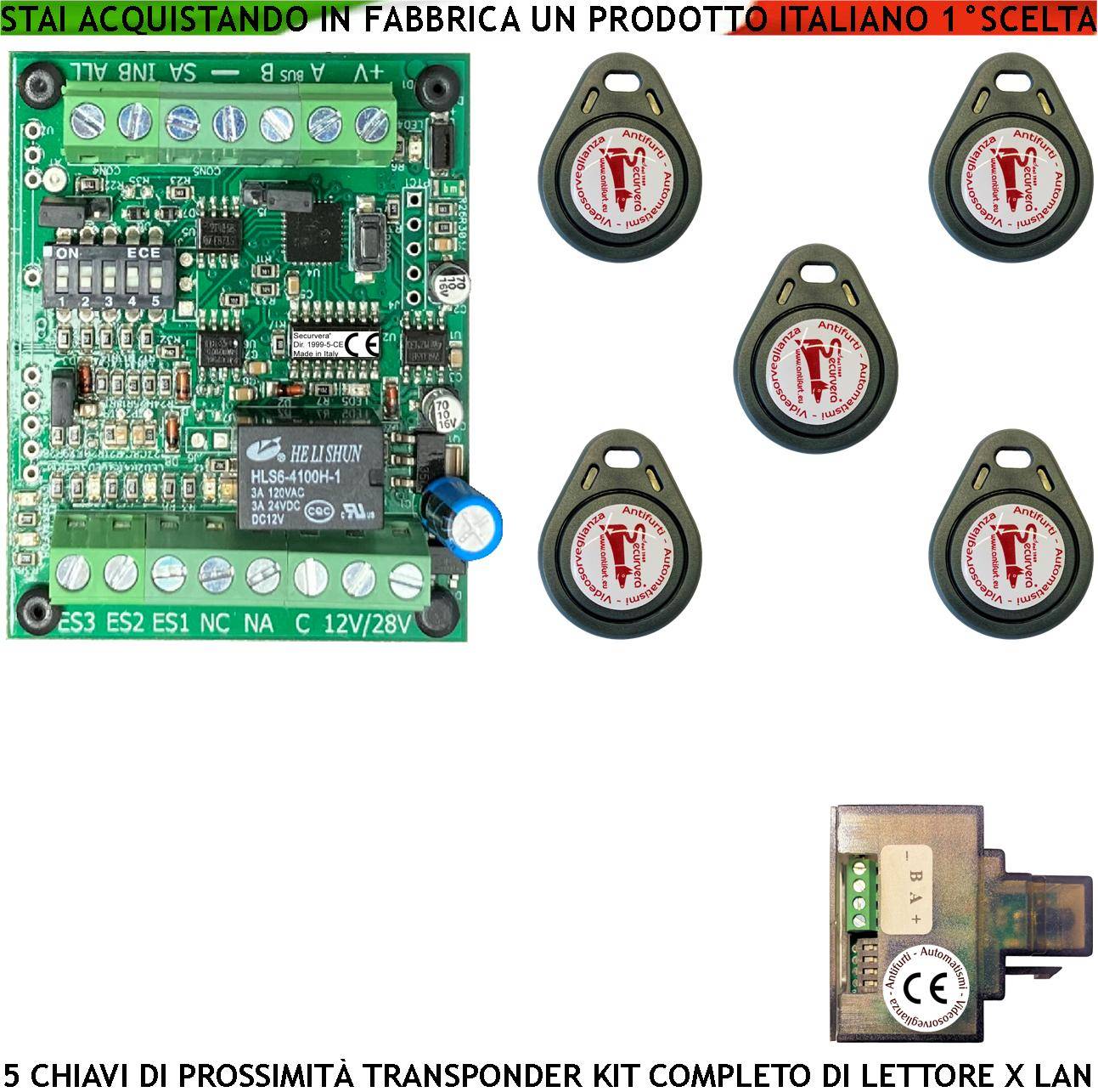 Kit Chiave Elettronica di Prossimità 5 Trasponder Lettore Modulo LAN Universale 501 RJ45 Alimentazione 12/24 Vac Relè-0