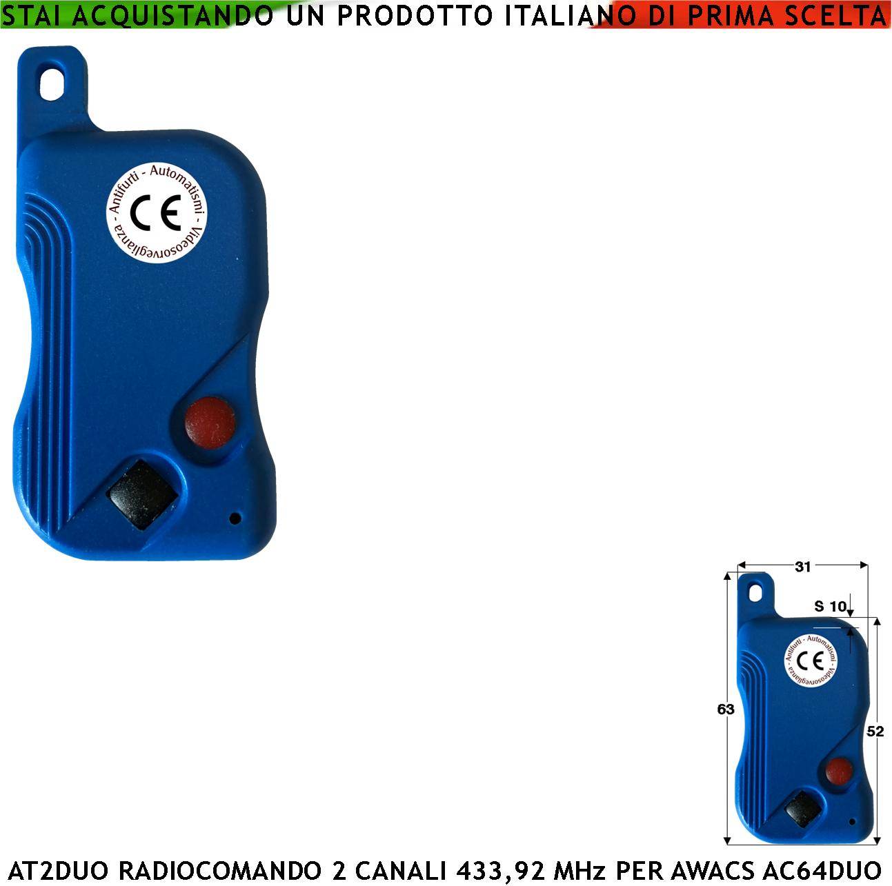Radiocomando AT2 duo 2 Canali Radiofrequenza 433,92 MHz 2 Tasti Nero e Rosso Emette Codici Univoci Comando e Gestione-0