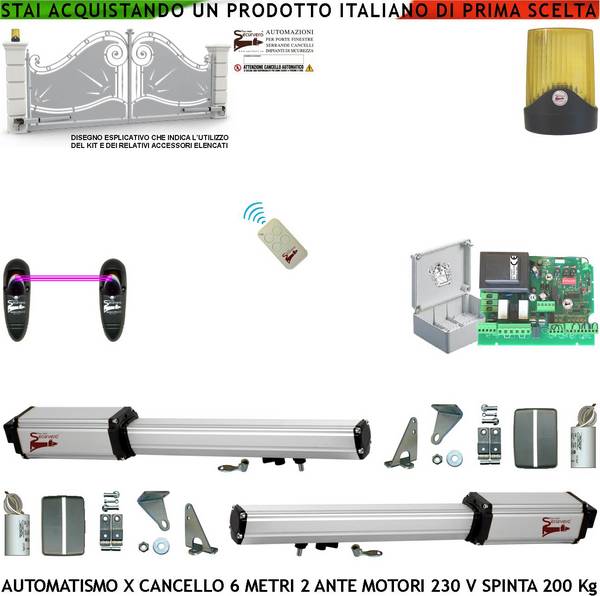 Automazione Per Cancello da 6 Metri 2 Ante da 3,0 Metri Kit Base 2 Motori Elettromeccanici 230 V Spinta 2 Q.li Staffe