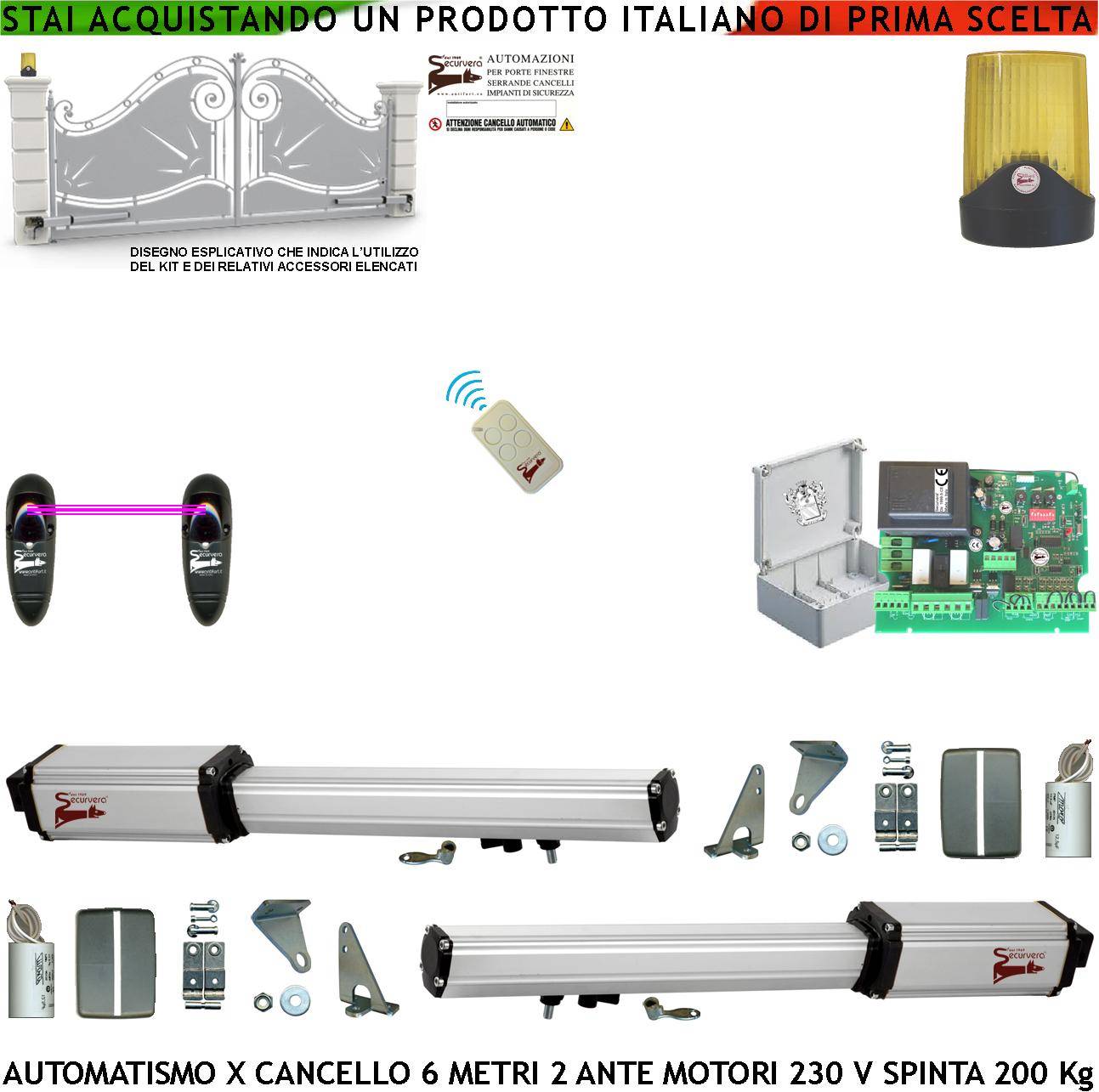 Automazione Per Cancello da 6 Metri 2 Ante da 3,0 Metri Kit Base 2 Motori Elettromeccanici 230 V Spinta 2 Q.li Staffe-0