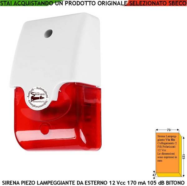Sirena con Trasduttore Piezoelettrico e Lampeggiatore da Parete Melodia Bitonale A/B da 1500 a 4000 Hz 105 dB Alimenta