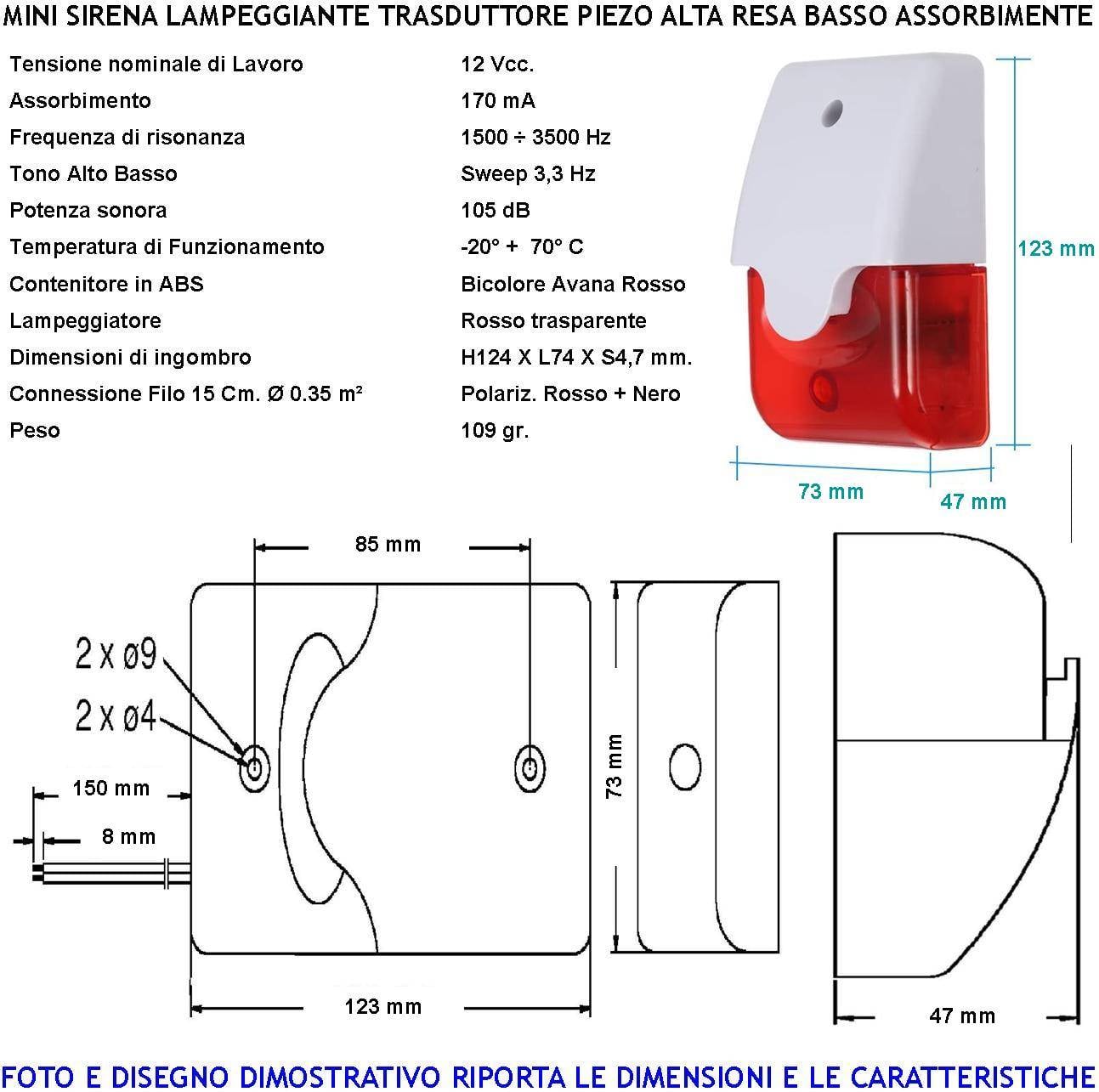 Sirena con Trasduttore Piezoelettrico e Lampeggiatore da Parete Melodia Bitonale A/B da 1500 a 4000 Hz 105 dB Alimenta-1