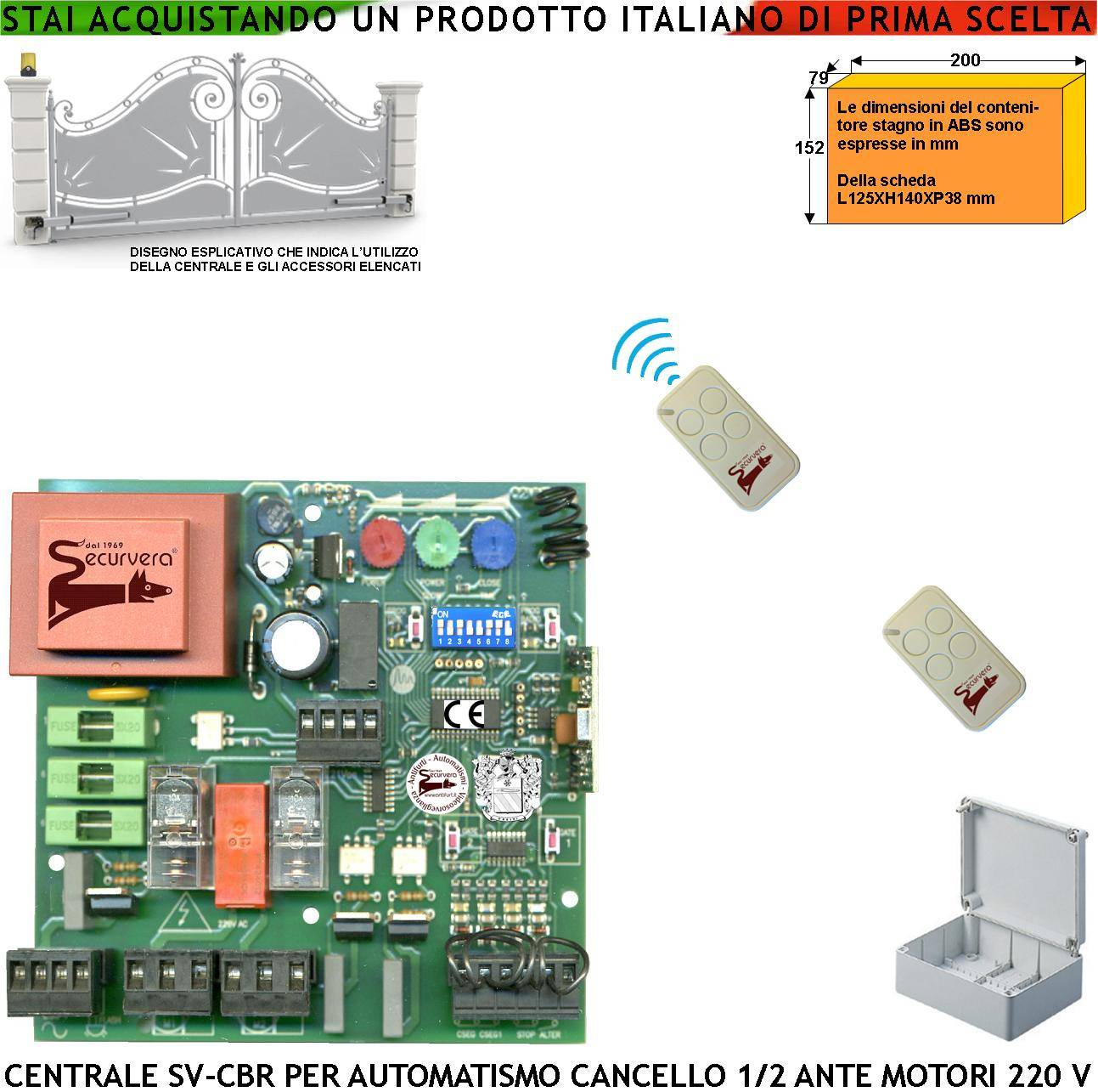 Centrale Cancello 2 Ante Battente 220 V 50 Hz Incorpora Ricevente Radio 433,92 MHz 2 Radiocomando 4 Canali Apprende 25-0