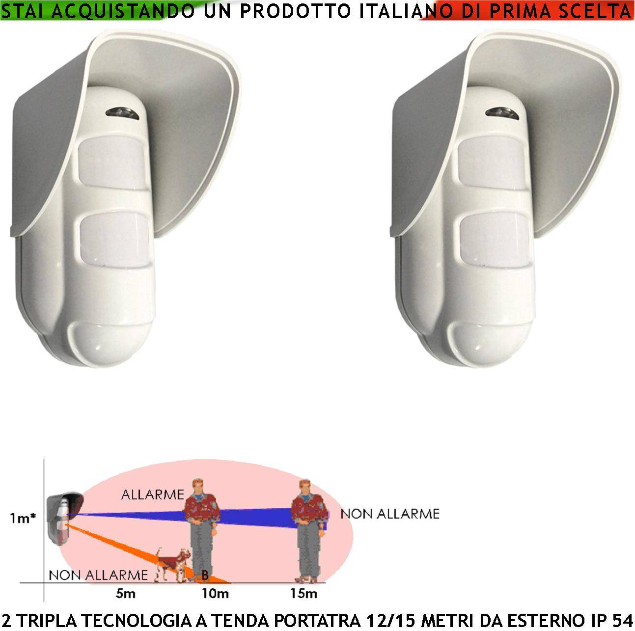 Sensore di Allarme Tripla Tecnologia da Esterno 2 Pezzi Portata 15 Metri Grandangolo o Tenda Regolabile da 5/15 Metri-0