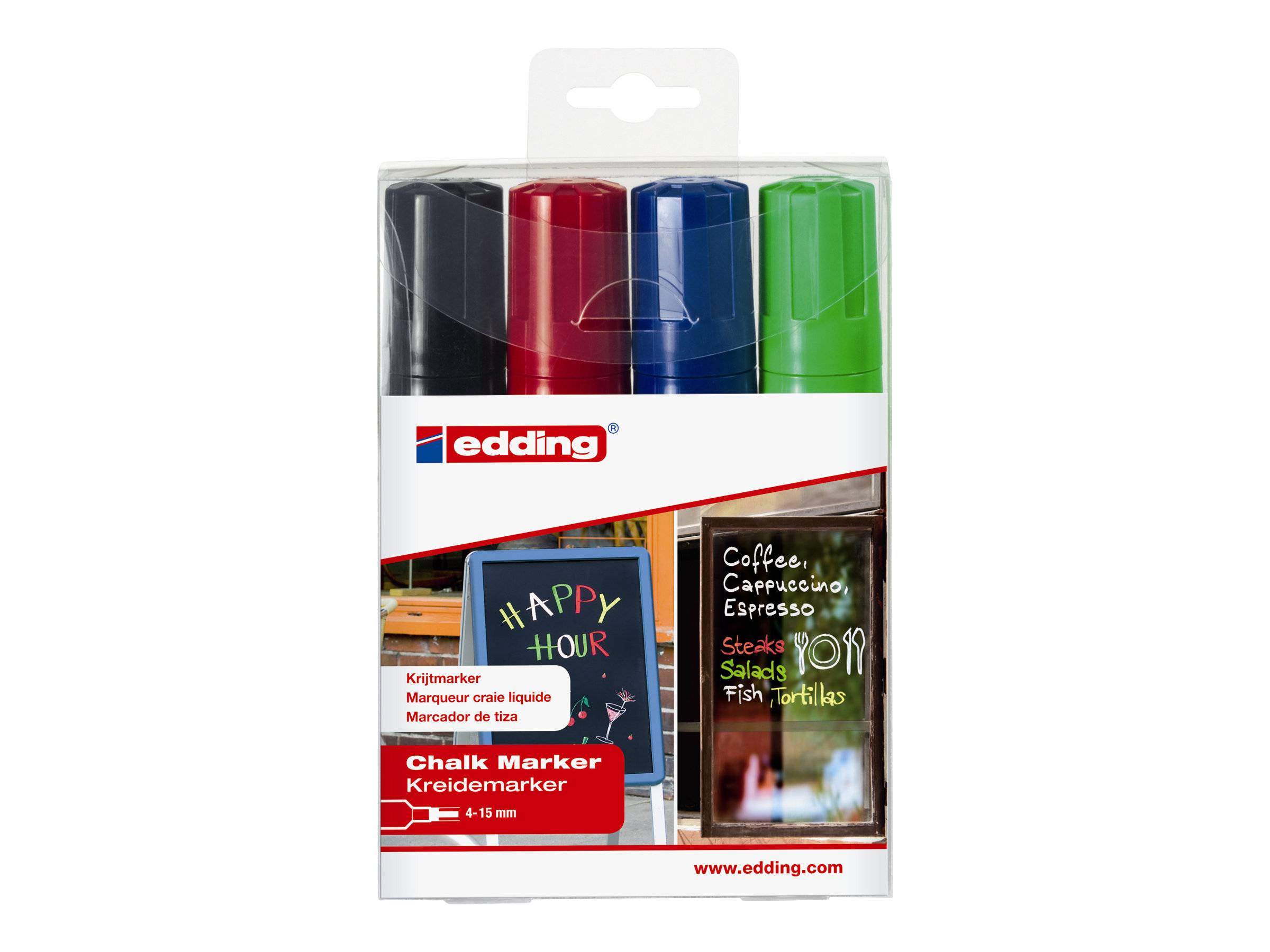 edding 4090 - Kreide-Marker - bunt - Keilspitze 4-15 mm breit - 4er Set - Kreidestift (feucht abwischbar) für Tafel, Fen-0