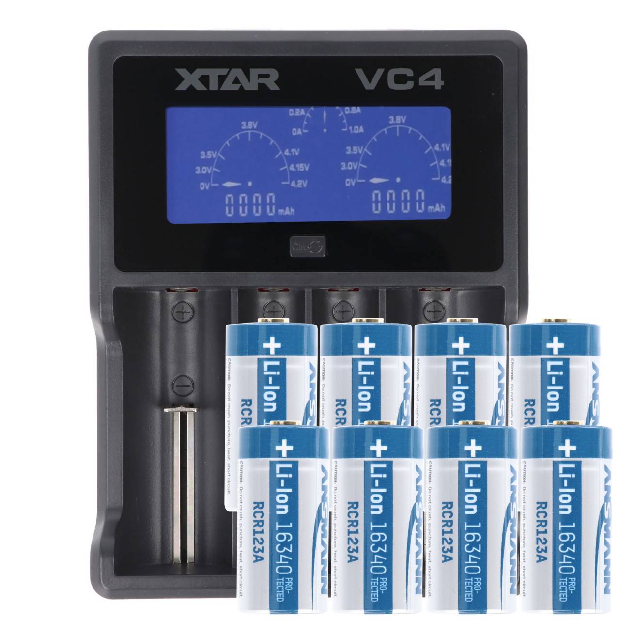Caricabatterie rapido e 8 batterie CR123A da 3,6 a 3,7 volt, max. 850 mAh-0
