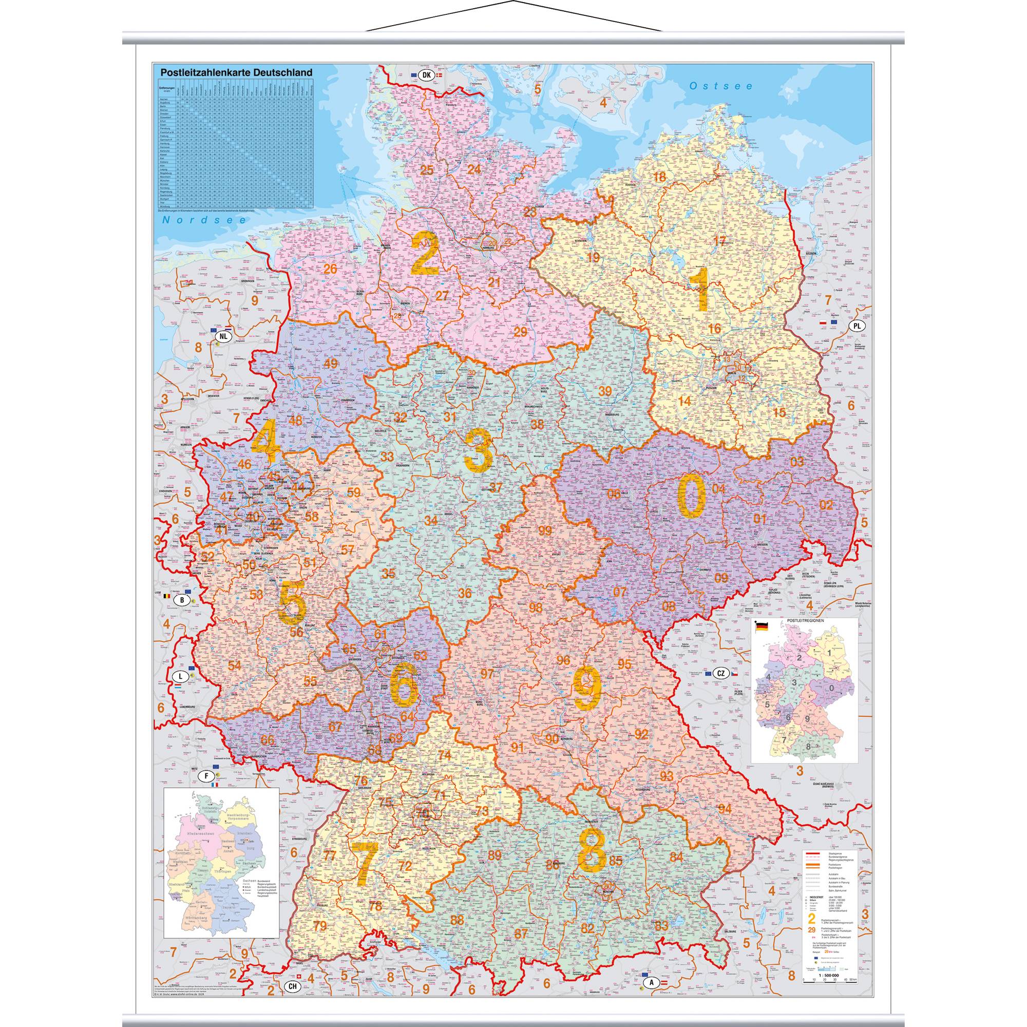 FRANKEN Postleitzahlen-Karte, laminiert, 970 x 1.370 mm Karte mit Metallleisten oben und unten, beschriftbar (KAM400)-0