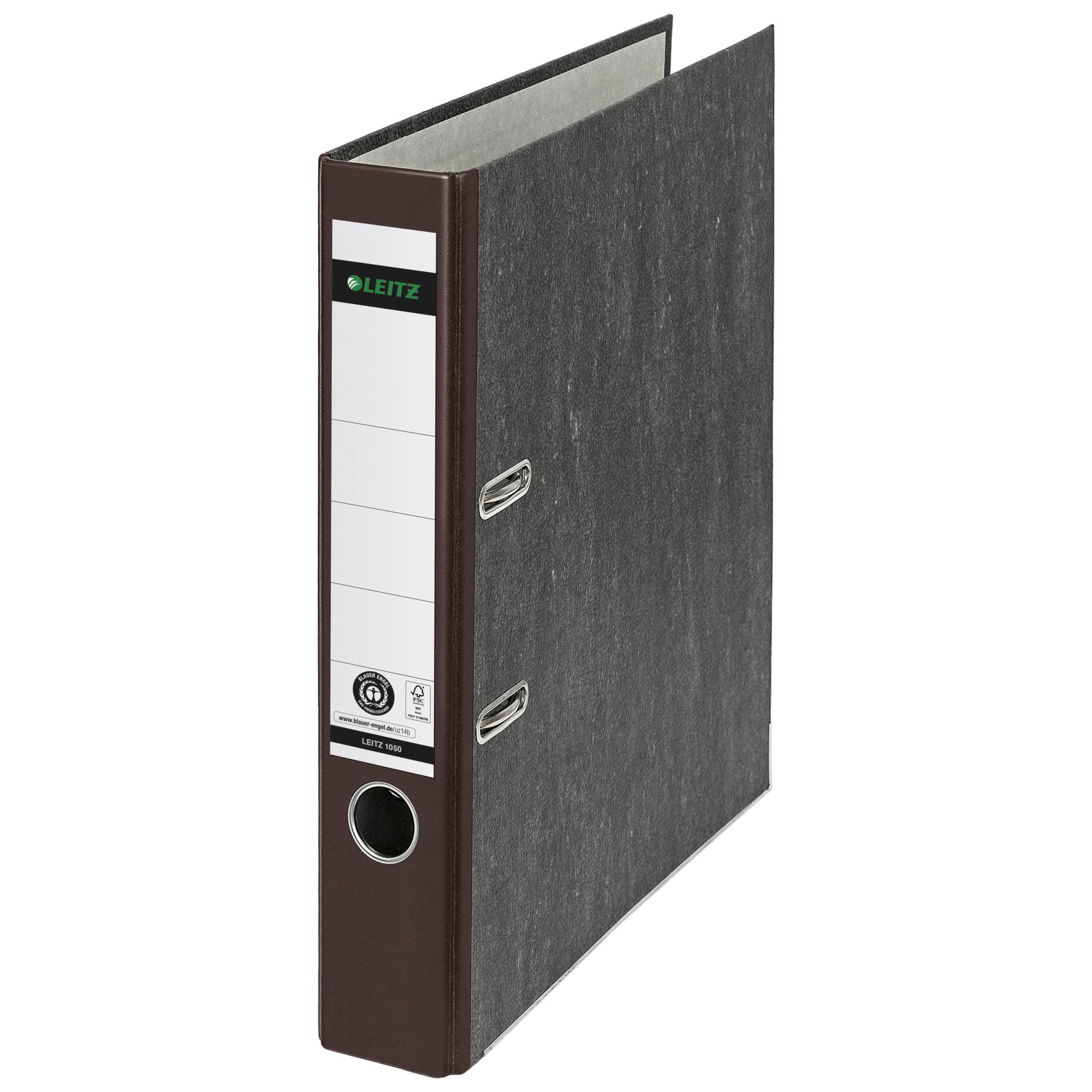 Cartella Leitz A4 50 mm cartone marrone con maniglia e protezione dei bordi incollata.