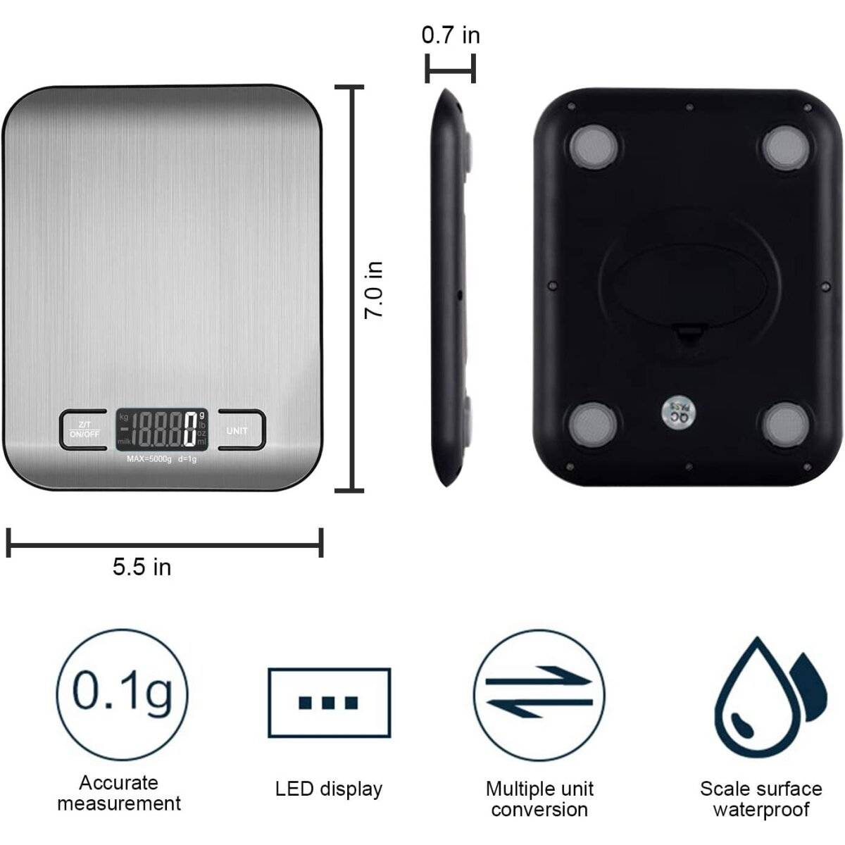 Bilancia da cucina digitale 5 kg in acciaio inox con display LCD-1