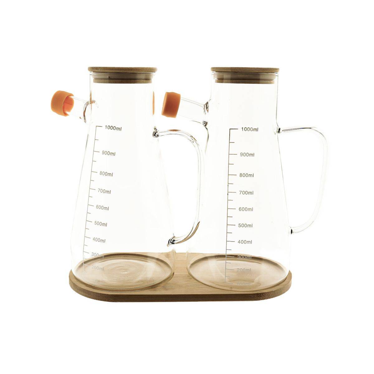 Elegante set di contenitori per olio in vetro da 3 pezzi con coperchio in bambù e sottobicchiere-0