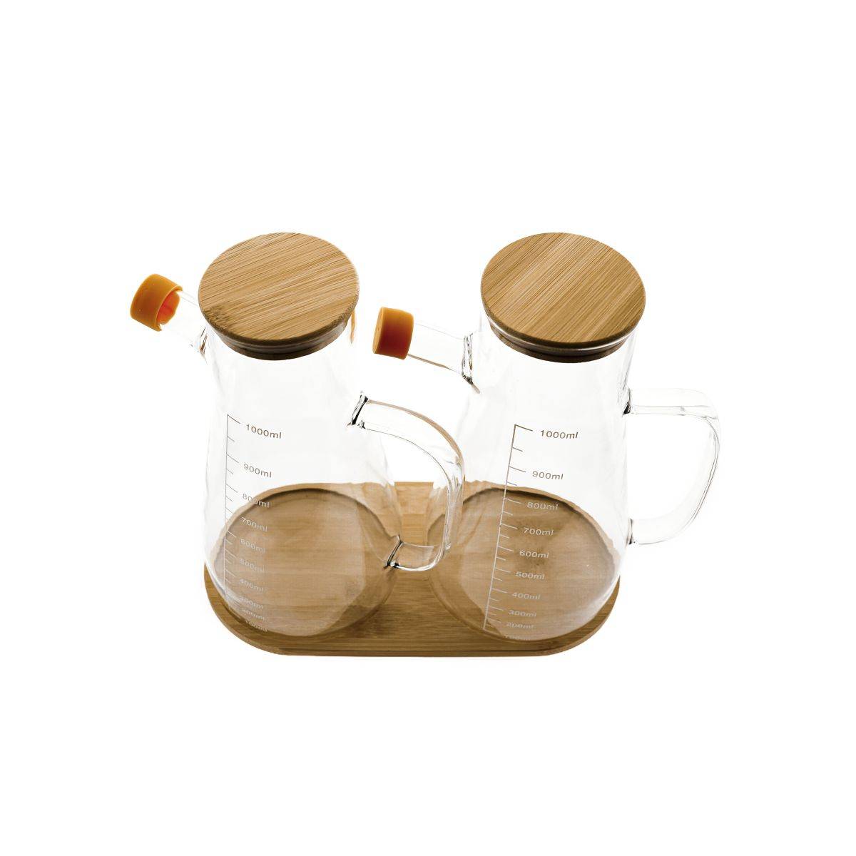 Elegante set di contenitori per olio in vetro da 3 pezzi con coperchio in bambù e sottobicchiere-1