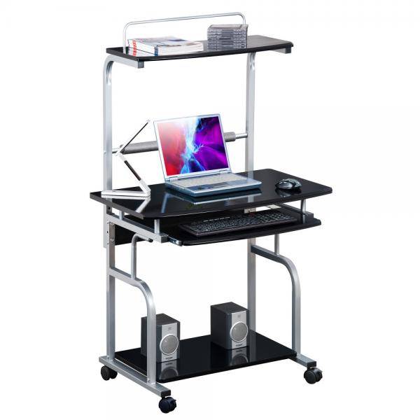 Scrivania Mobile per PC Stampante con Tastiera Estraibile Nero Lucido-1