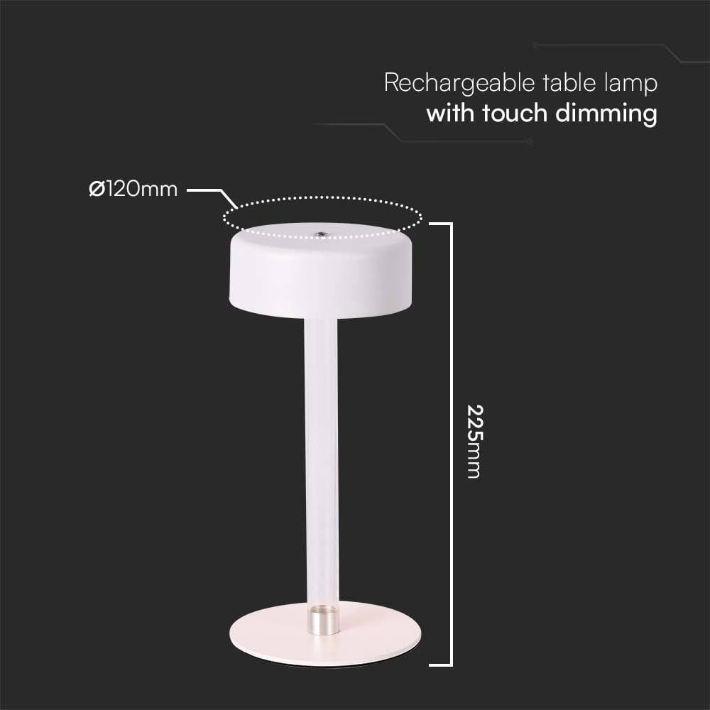 V-TAC Lampada LED da Tavolo 3W Bianco Trasparente Ricaricabile, Touch Dimmerabile 3in1-3