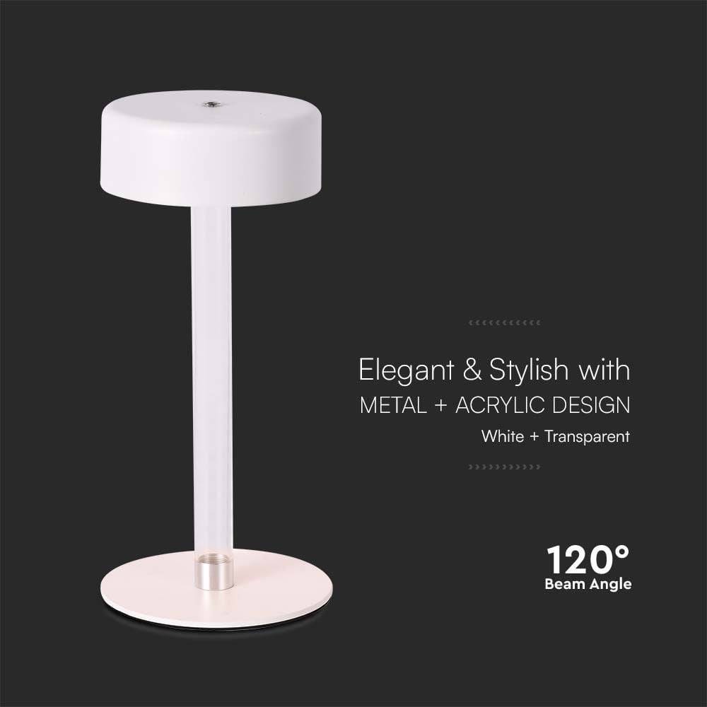 V-TAC Lampada LED da Tavolo 3W Bianco Trasparente Ricaricabile, Touch Dimmerabile 3in1-4