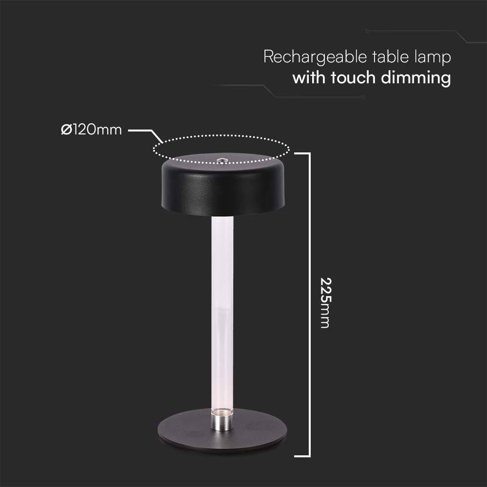 V-TAC Lampada LED da Tavolo 3W Nero Trasparente Ricaricabile, Touch Dimmerabile 3in1-3