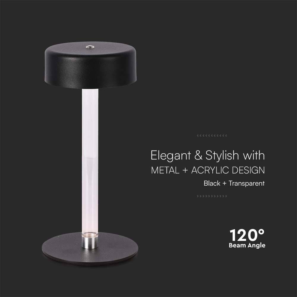 V-TAC Lampada LED da Tavolo 3W Nero Trasparente Ricaricabile, Touch Dimmerabile 3in1-4