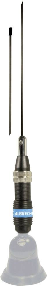 Un'antenna a frusta nera con base argentata e scritta blu.
