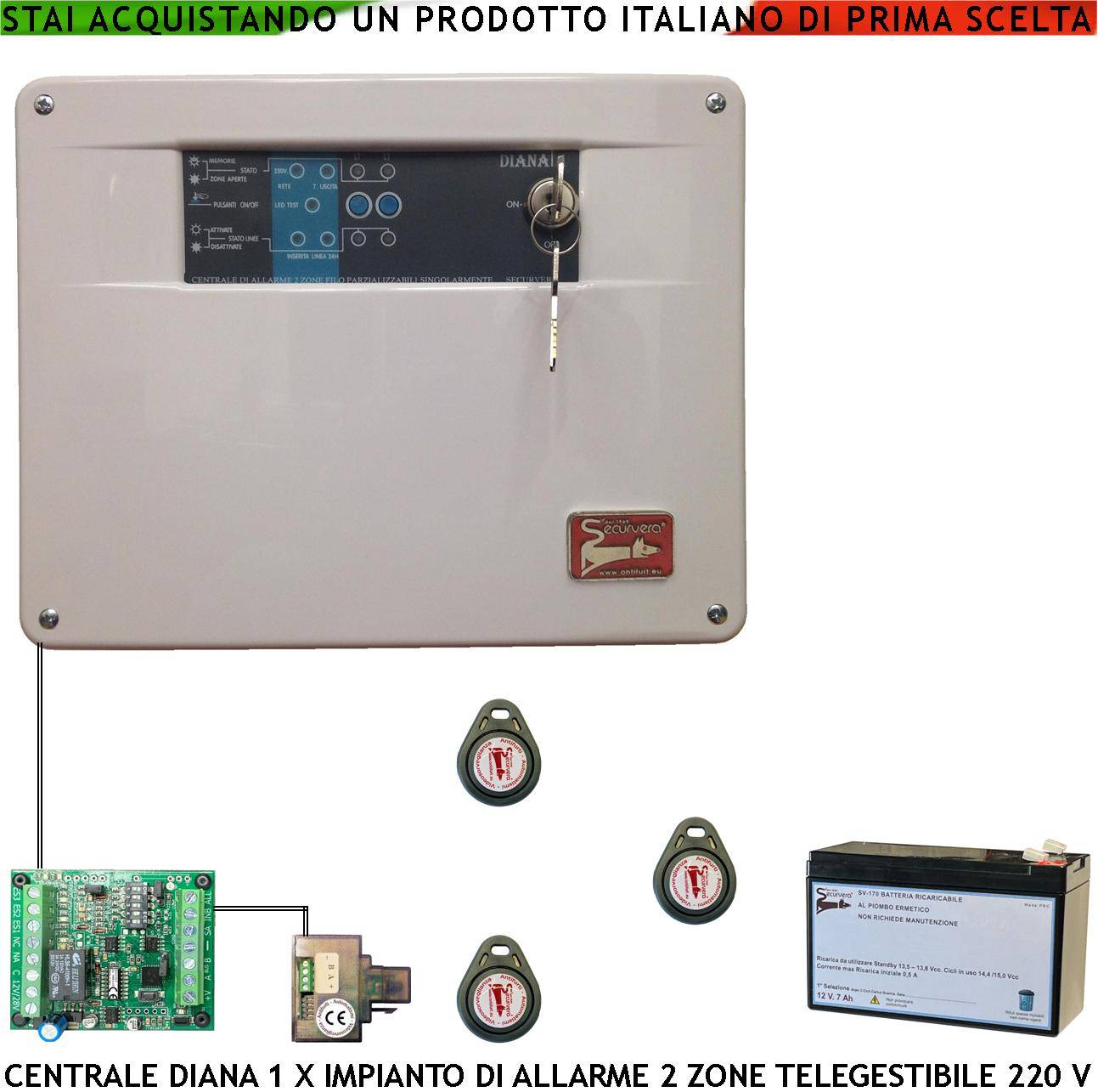 Diana 2 Zone Centrale Allarme per Impianto Antifurto Filo Tre Chiavi TAG 2 Meccaniche Batteria 12 V 7,2 Ah Gestisce Se-0