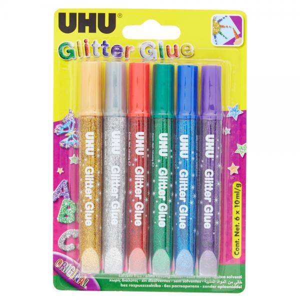 UHU COLLA CON GLITTER GLUE ORIGINAL TUBETTO DA 10ML COLORI ASSORTITI CONF 6 Pz.-0