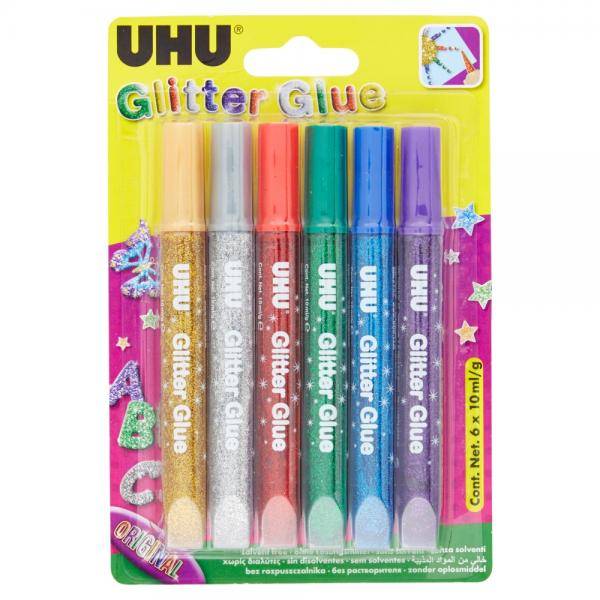 UHU COLLA CON GLITTER GLUE ORIGINAL TUBETTO DA 10ML COLORI ASSORTITI CONF 6 Pz.-1