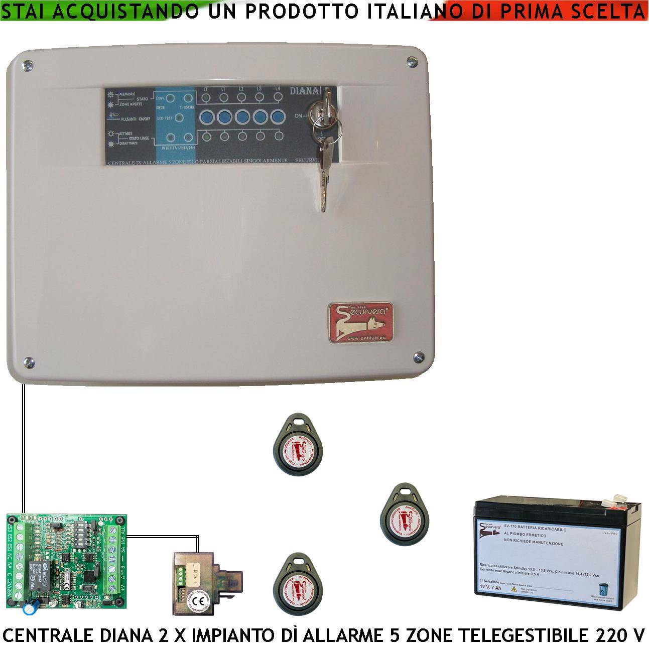 Diana 5 Zone Centrale Allarme Batteria 12 V 7,2 Ah per Impianto Antifurto Filo Chiave di Prossimità 3 TAG Gestisce Sen-0
