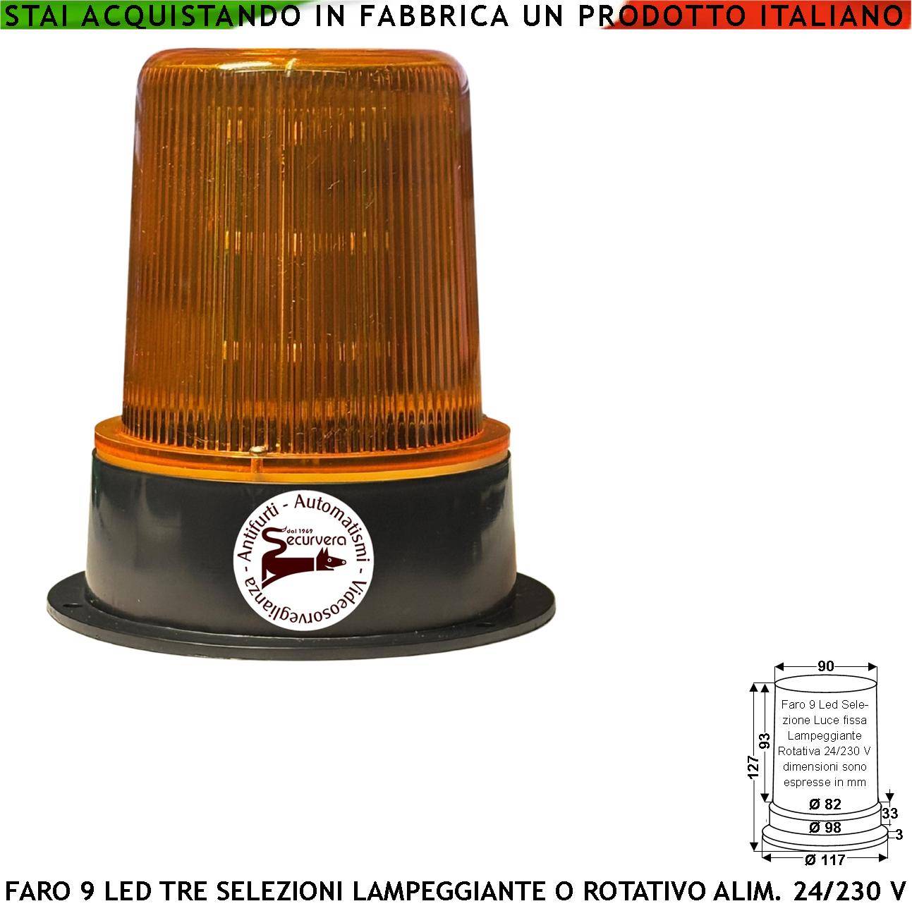 Luce Arancione 9 Led su 3 Steli Funzioni Fissa Lampeggiante o Rotante Aliment. 12/24/230 V Montaggio da Palo o Parete-0