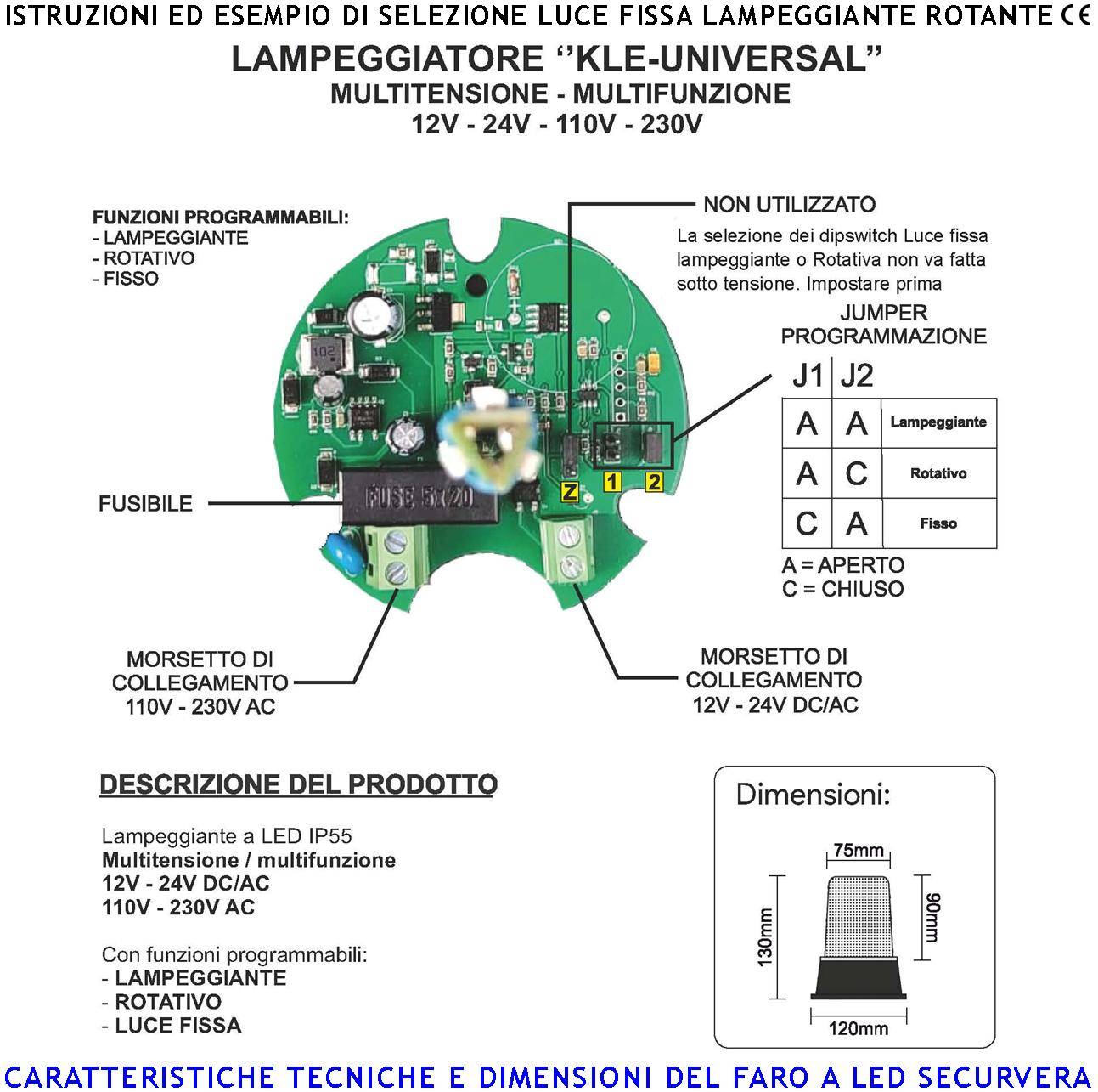 Lampeggiante 9 Led su 3 Steli Selezione Luce Gialla Fissa o Rotante Aliment. 12/24/230 V Montaggio da Palo o Parete Us-1