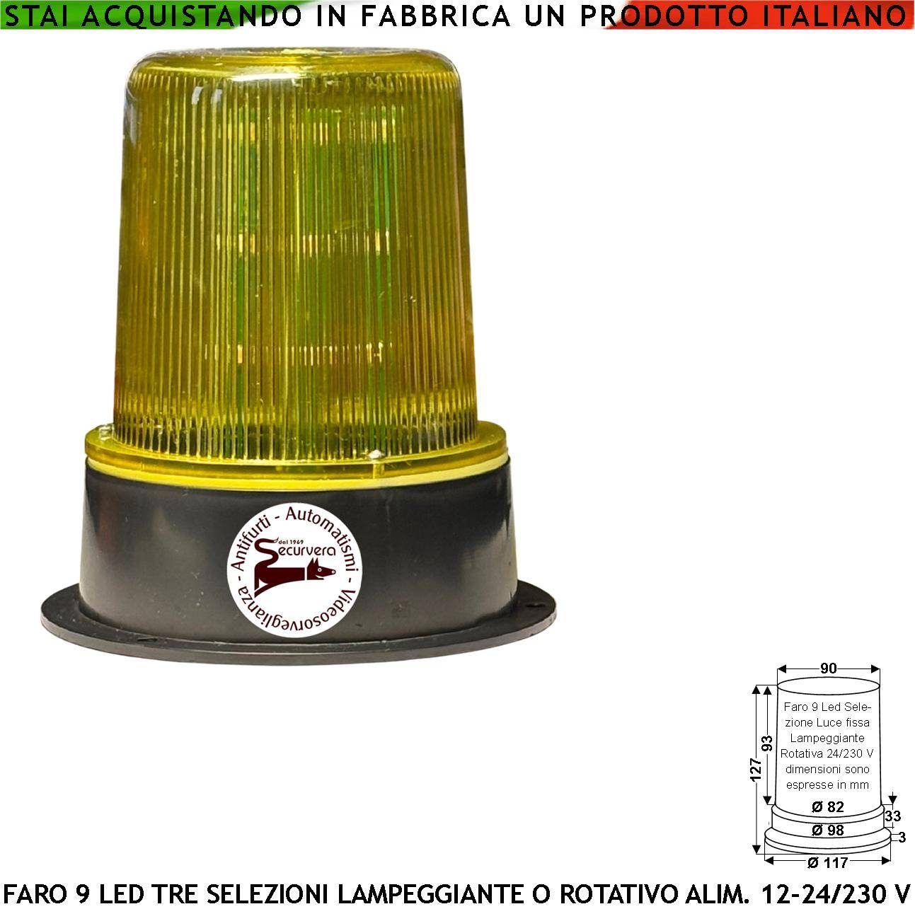 Lampeggiante 9 Led su 3 Steli Selezione Luce Gialla Fissa o Rotante Aliment. 12/24/230 V Montaggio da Palo o Parete Us-0