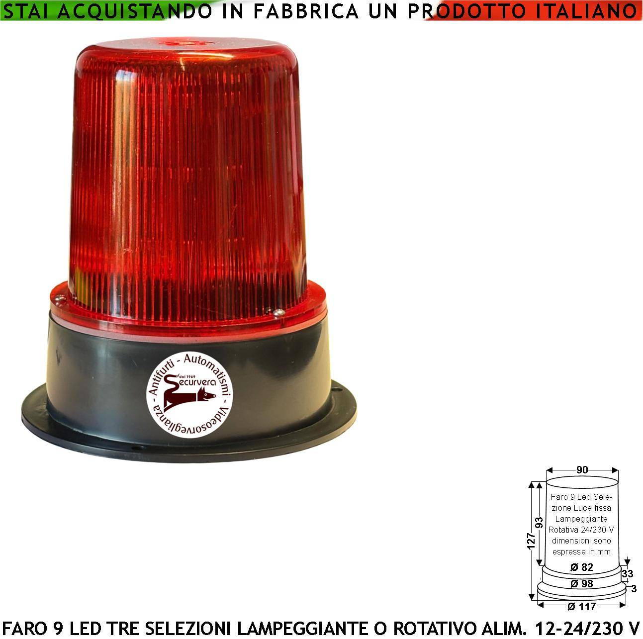 Lampeggiatore Rosso Luce 9 Led su 3 Steli Funzioni Fissa o Rotante Aliment. 12/24/230 V Montaggio da Palo o Parete Uso-0