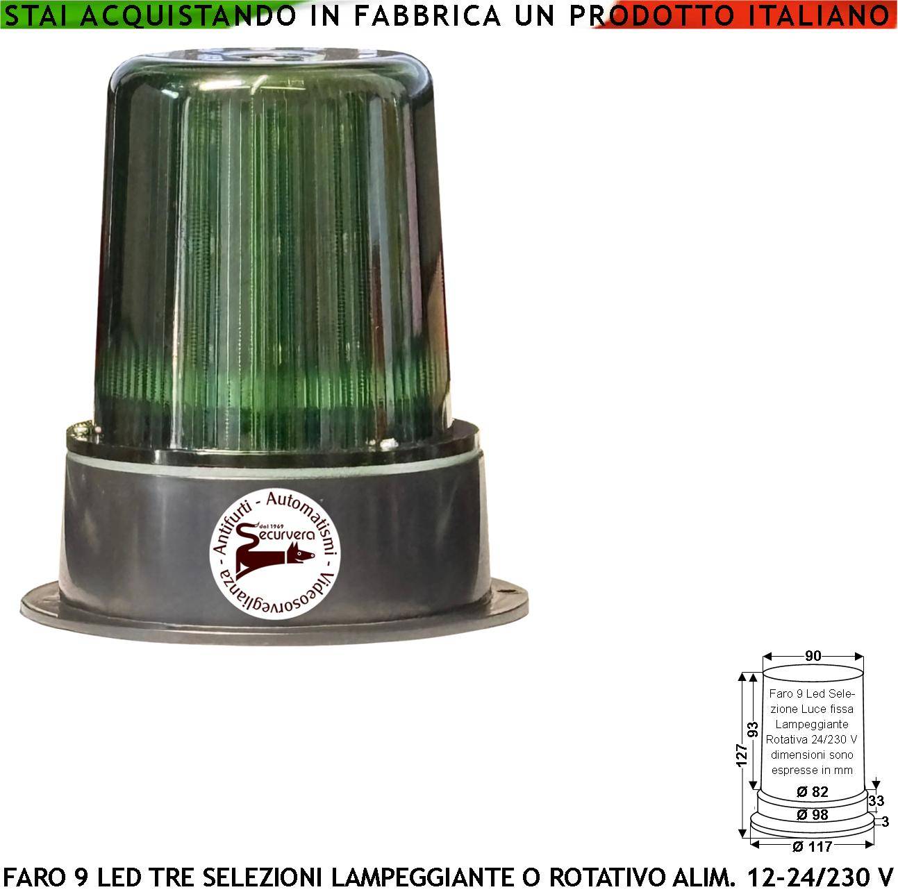 Lampeggiante Verde Luce 9 Led su 3 Steli Funzioni Fissa o Rotante Aliment. 12/24/230 V Montaggio da Palo o Parete Uso-0