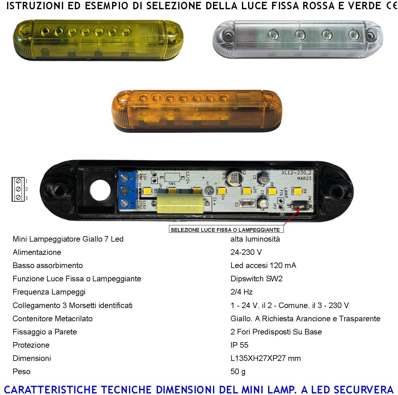 Lampeggiatore Mini Giallo 7 Led Luce Fissa o Lampeggiante Montaggio a Palo o Parete Monitore su Automatismi Pericolo M-1