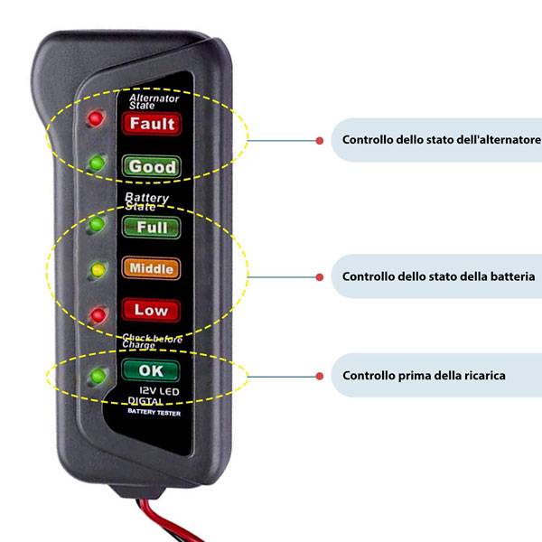 Tester digitale 12V per batteria e alternatore Auto/Moto - 6 LED-2
