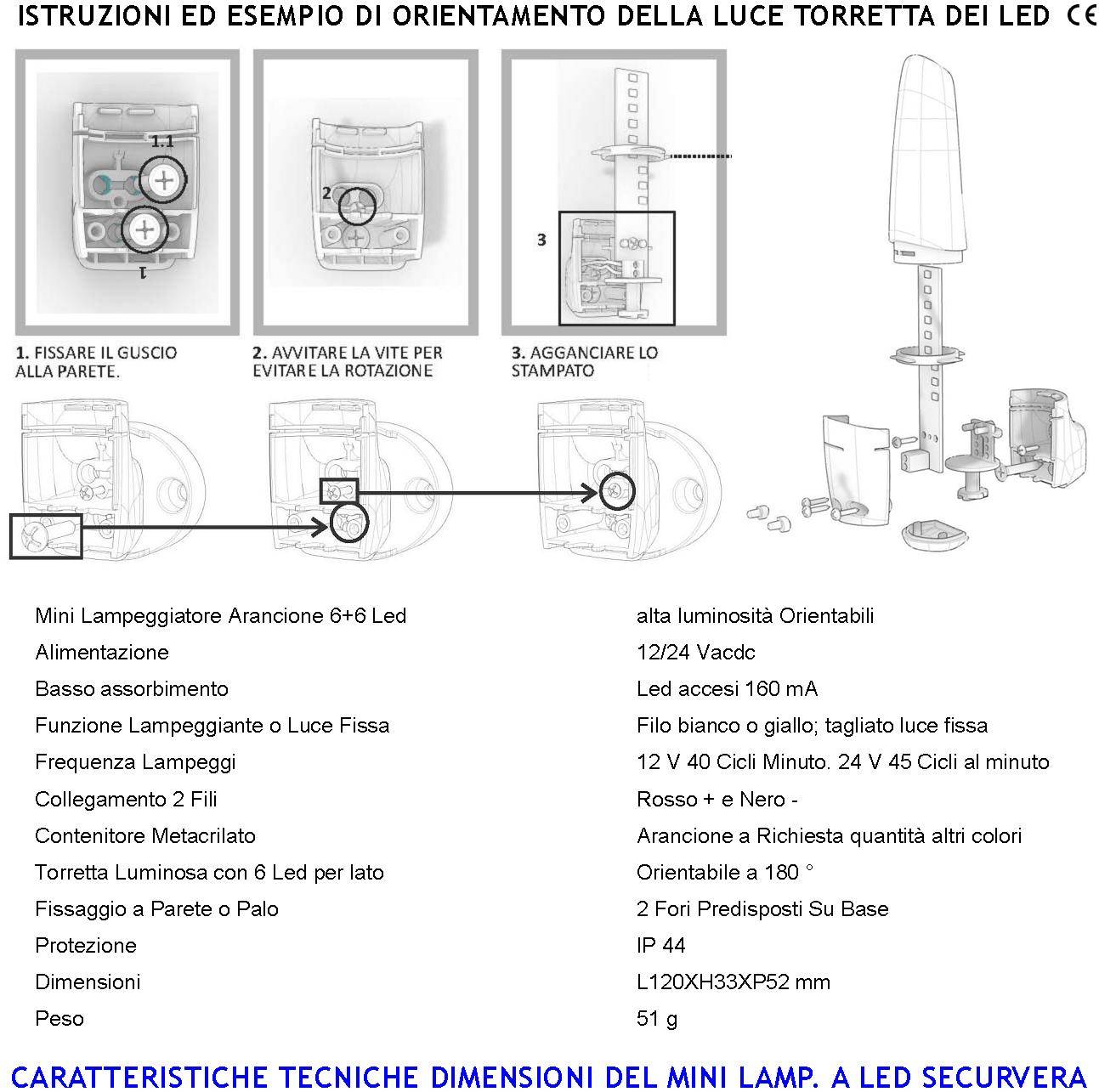 Segnalatore 6+6 Led Luce Fissa o Lampeggiante Arancione Montaggio a Palo o Parete Monitore su Automatismi Avviso Peric-2