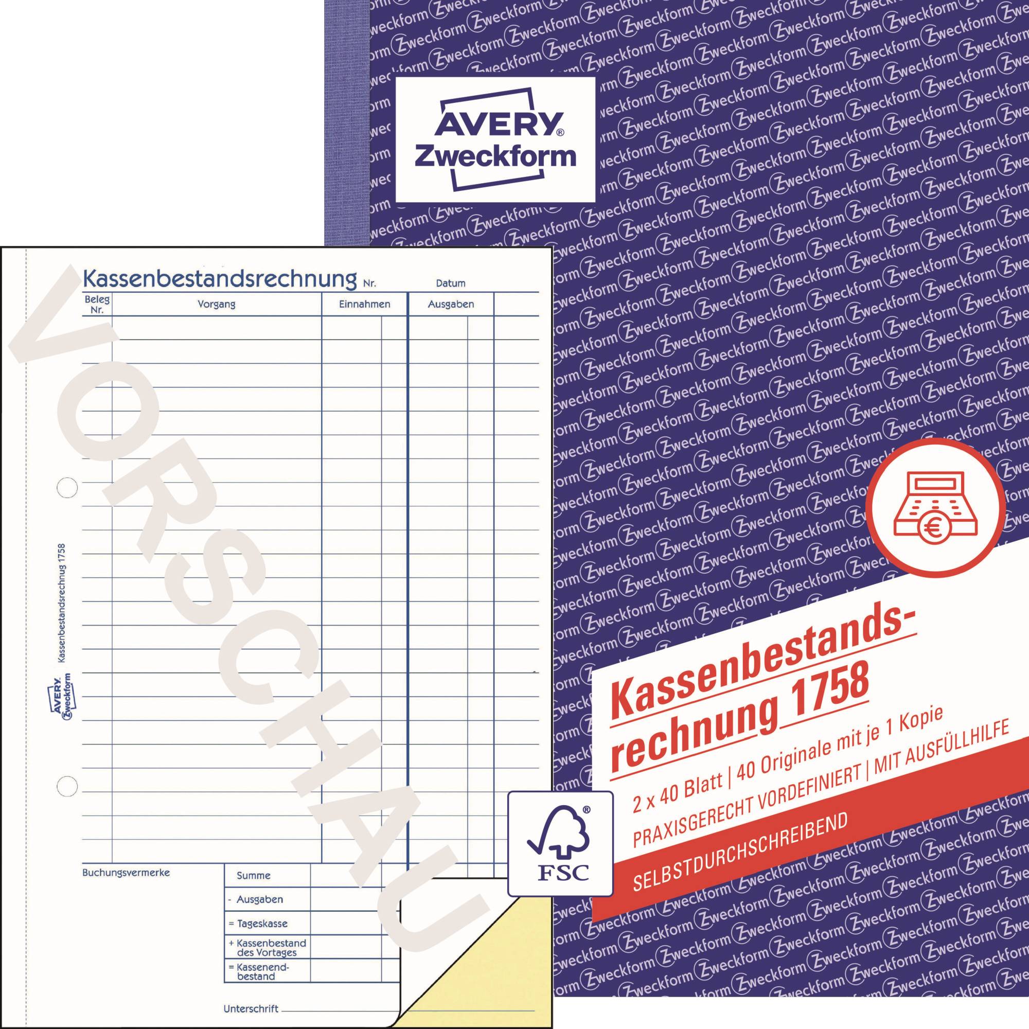 AVERY Zweckform modulo libro rapporto di cassa/fattura di inventario 1758 DIN A5 2x 40 pagine
