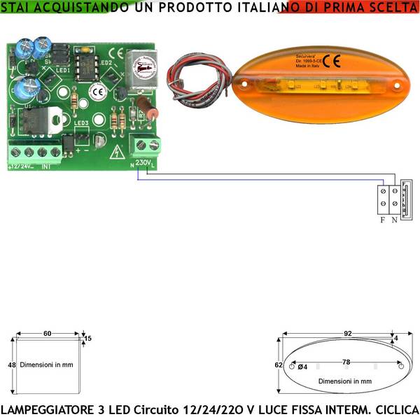 Lampeggiatore Arancione Ovale Piatto Circuito Multifumzioni Scelta Luce Fissa Intermittente Ciclica Il Circuito Suppor