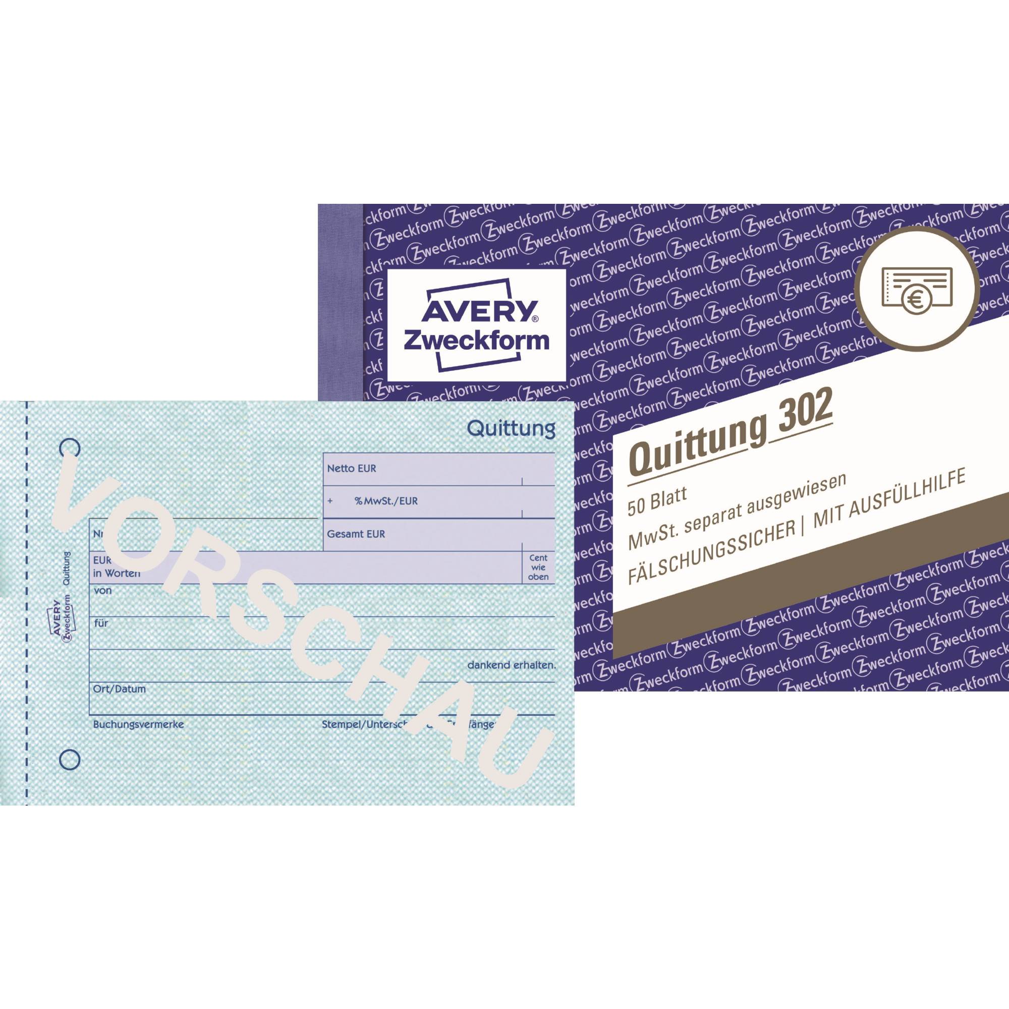 Ricevuta del modulo Avery Scopo, IVA Designato separatamente Book 302 - 1x 50 foglio-0