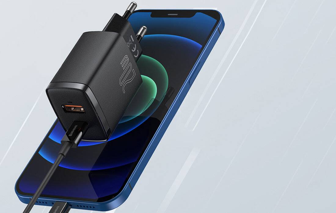 Immagine premio per Baseus Compact Quick Adapter 20Watt USB-C + USB-A sort