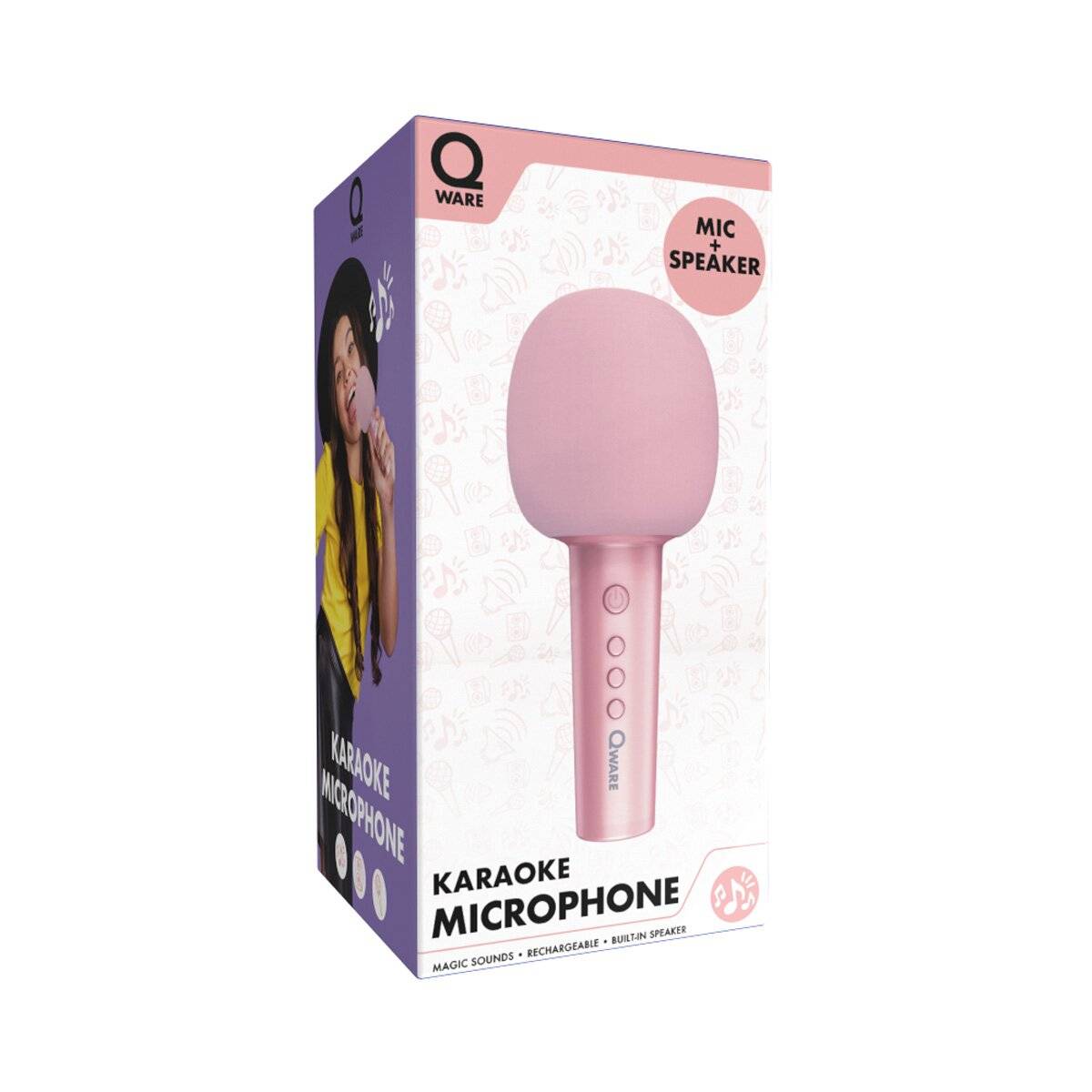 Microfono karaoke wireless Qware con Bluetooth e altoparlante Rosa-1