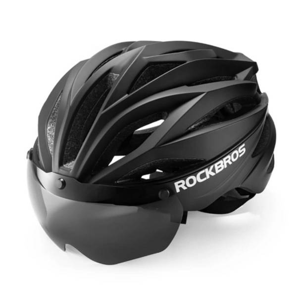 Casco da bicicletta Rockbros con visiera, occhiali protettivi UV rimovibili, unisex, nero