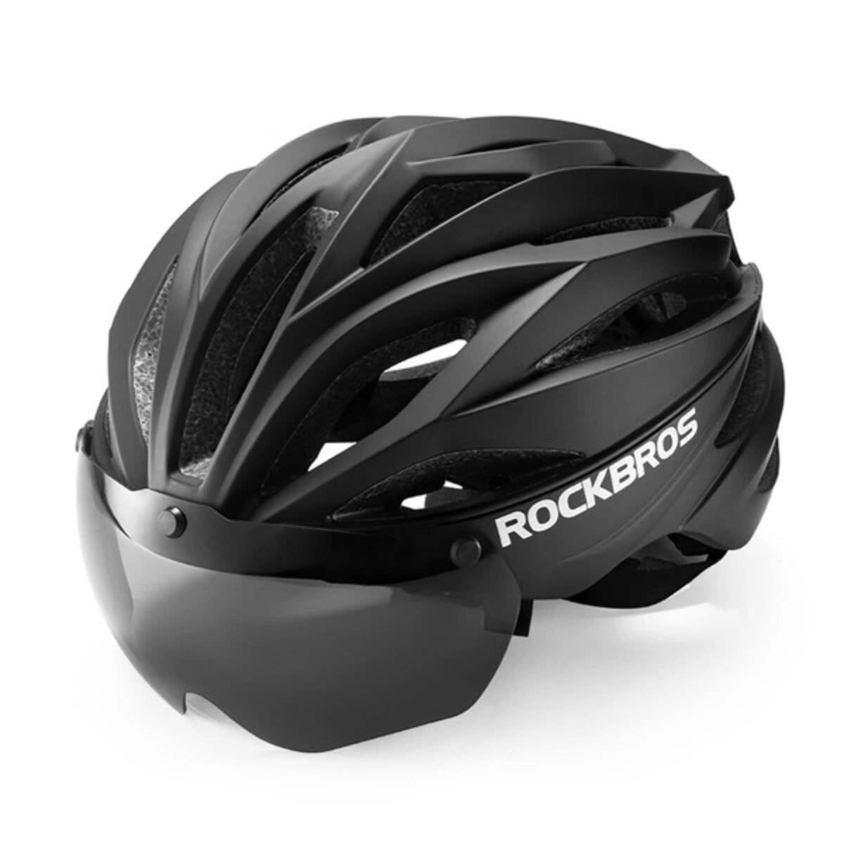 Casco da bicicletta Rockbros con visiera, occhiali protettivi UV rimovibili, unisex, nero-0