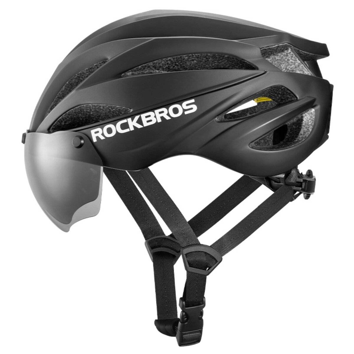 Casco da bicicletta Rockbros con visiera, occhiali protettivi UV rimovibili, unisex, nero-1