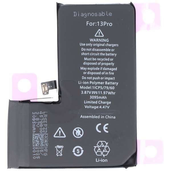 Batteria adatta per Apple iPhone 13 Pro, diagnosticabile, Li-Polymer, 3,85 V, 3095 mAh, 11,9 Wh, senza attrezzi