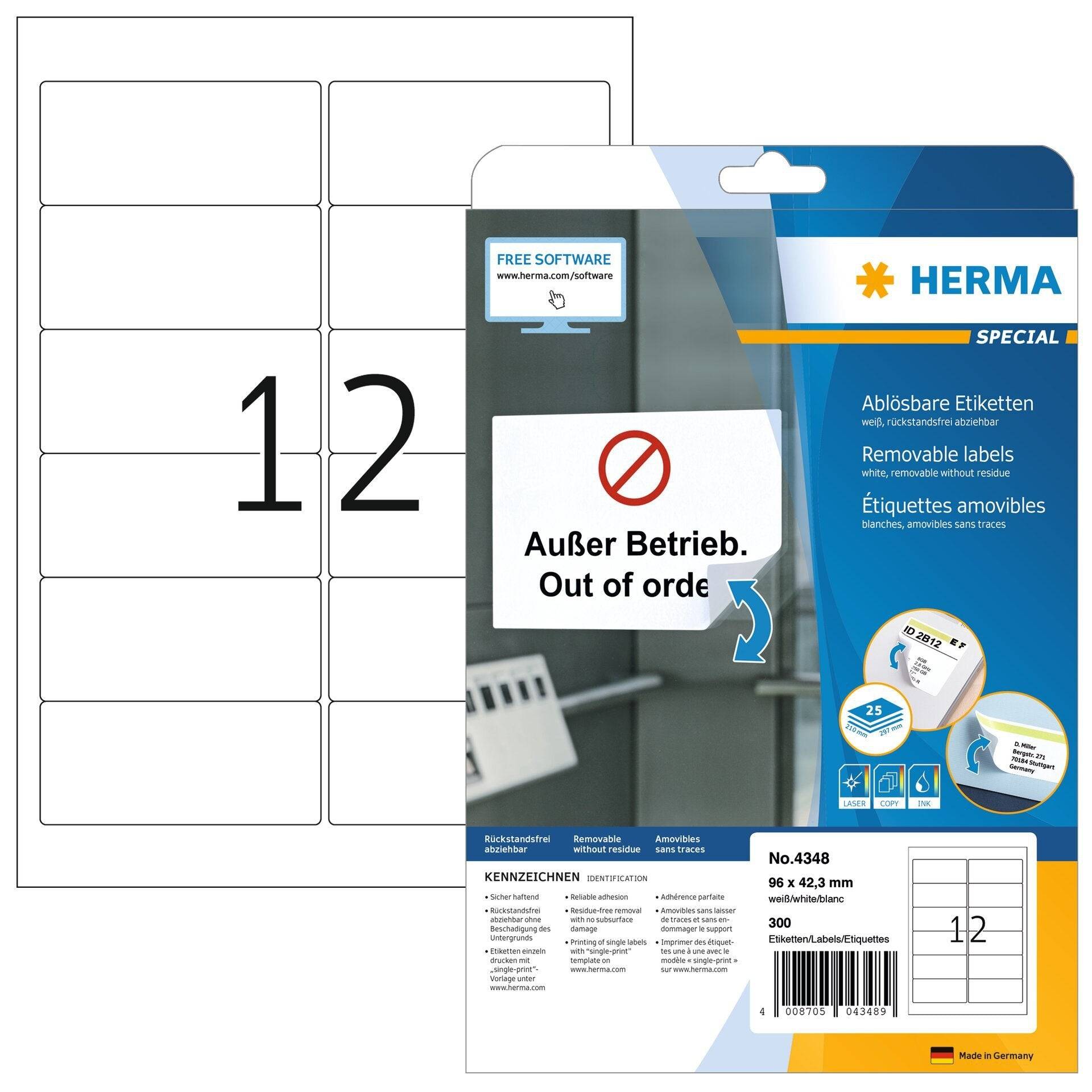 HERMA Special - Selbstklebende, abziehbare, matte Papieretiketten - weiß - 96 x 42,3 mm - 300 Etikett(en) (25 Bogen x 12-8
