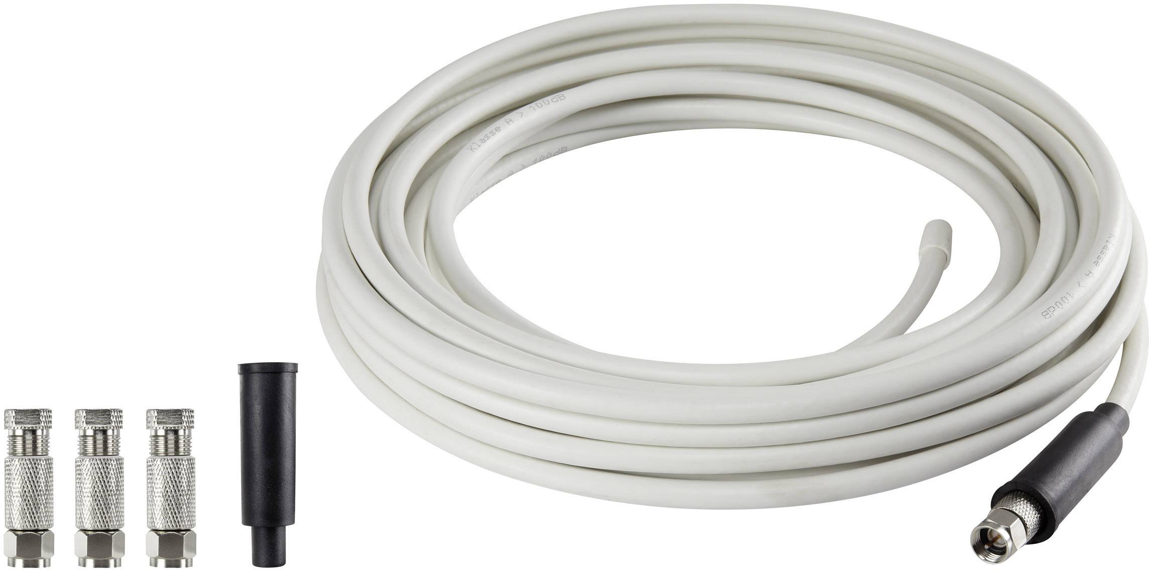 Un set di cavo coassiale con un cavo lungo e bianco e quattro connettori, adatto per connessioni TV o satellitari.
