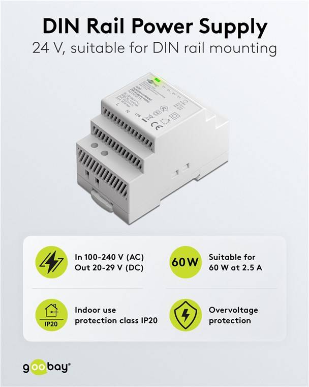 Goobay Alimentatore per guida DIN 24 V (CC), 2,5 A, 60 W adatto per montaggio DIN, TH 35/7,5 o TH 35/15 (ex TS 35/7,5,-2