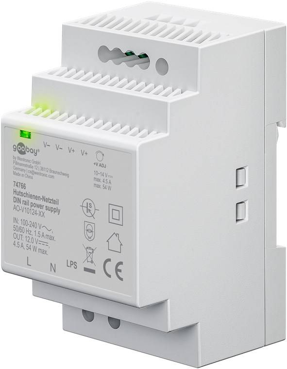 Goobay Alimentatore per guida DIN 12 V (CC), 4,5 A, 54 W adatto per montaggio DIN, TH 35/7,5 o TH 35/15 (ex TS 35/7,5,-0