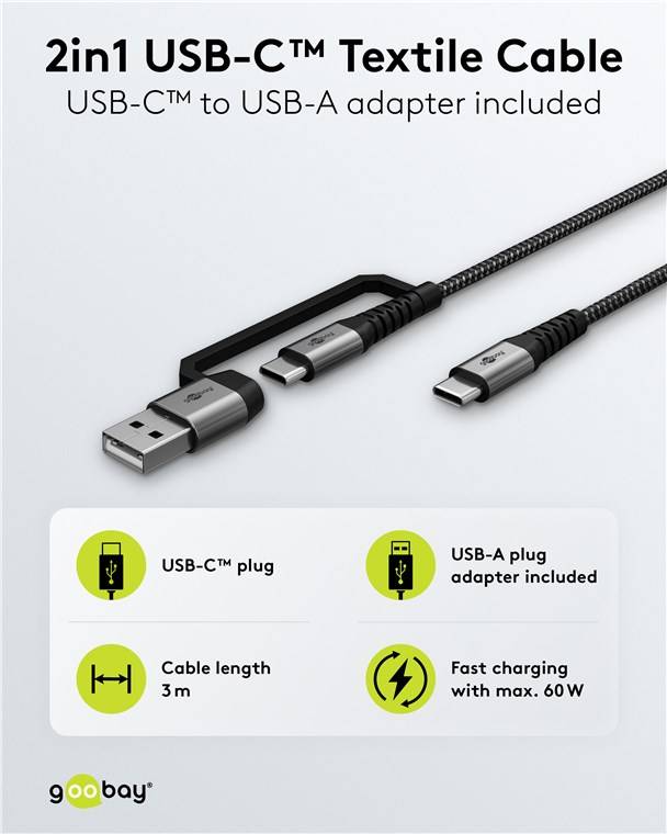 Cavo di ricarica USB 2 in 1, grigio siderale/argento, 3 m, 60 W, 3 A, cavo di ricarica USB-C™ extra robusto con...-3