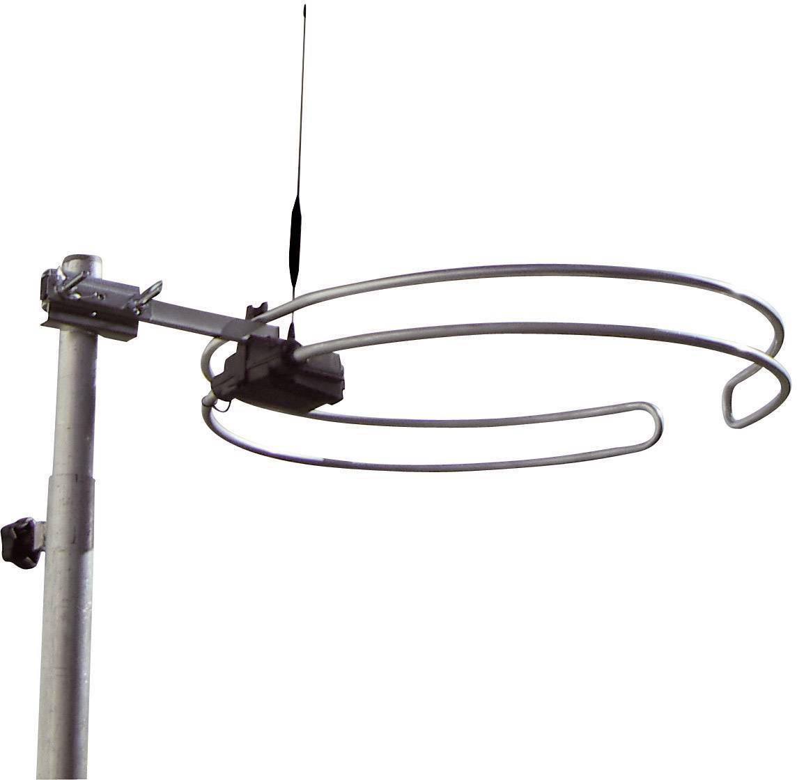 Piatto satellitare rotondo con antenna sottile, montato su un palo metallico, su sfondo bianco.